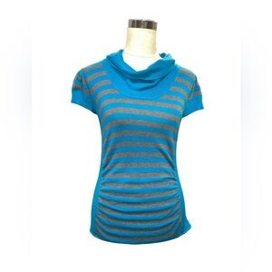 Takeout Gathered Cap Sleeve Teal And Gray Stripe Tunic Sweater